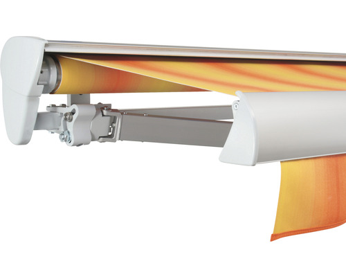 SOLUNA Halbkassettenmarkise Classic 2,5x1,5 Stoff Dessin 320180 Gestell E6EV1 silber eloxiert Antrieb links inkl. Motor und Wandschalter Detailansicht einer Gelenkarmmarkise mit Stoff