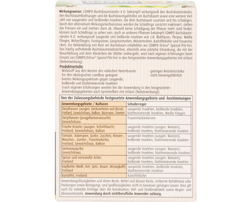Informationen zur Anwendung von COMPO Buchsbaumzünsler K.O. zur Bekämpfung von Schädlingen an verschiedenen Pflanzen.