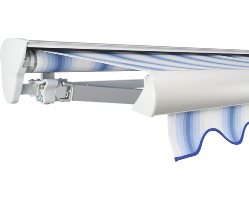 SOLUNA Halbkassettenmarkise Classic 2,5x1,5 Stoff Dessin 320234 Gestell E6EV1 silber eloxiert Antrieb links inkl. Motor und Wandschalter Detailansicht einer Markise mit Streifenmuster