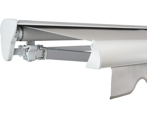 SOLUNA Halbkassettenmarkise Classic 3x2,5 Stoff Dessin 320923 Gestell E6EV1 silber eloxiert Antrieb links inkl. Motor und Wandschalter Detailansicht einer Markise mit Aluminiumrahmen und Stoff