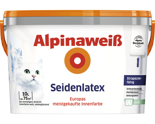 Alpinaweiß Latexfarbe seidenlatex weiß 10 l Alpinaweiß Seidenlatex Innenfarbe, 10 Liter