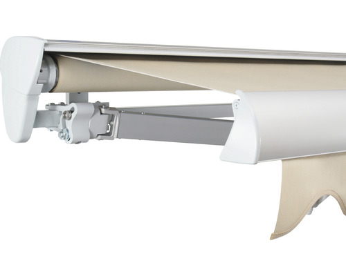 SOLUNA Halbkassettenmarkise Classic 3x2,5 Stoff Dessin 320930 Gestell E6EV1 silber eloxiert Antrieb links inkl. Motor und Wandschalter Detailansicht einer Gelenkarmmarkise