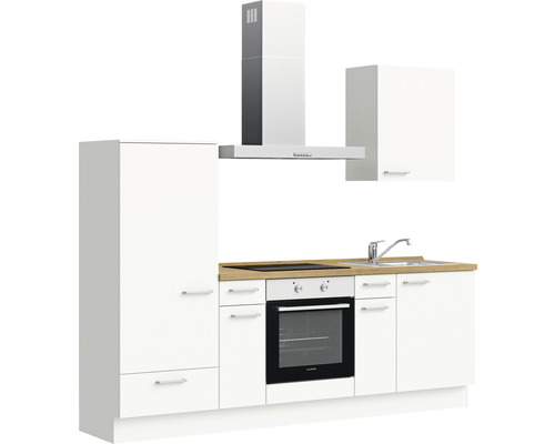 Komplette Küchenzeile mit Spüle, Herd, Dunstabzugshaube und Schränken