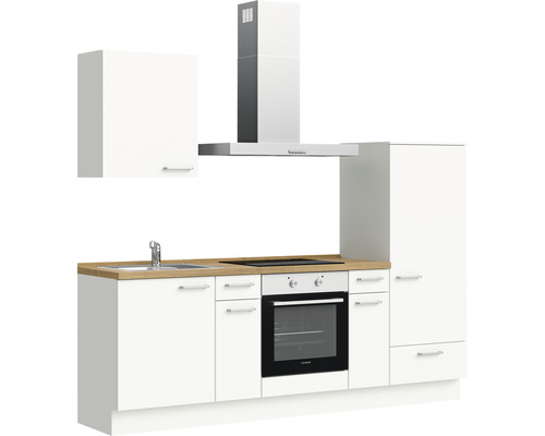 Küche mit Spüle, Kochfeld, Backofen, Dunstabzugshaube und Schränken