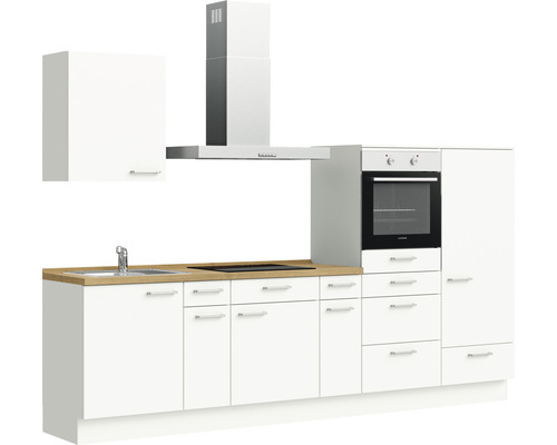 Komplette Küchenzeile mit Spüle, Kochfeld, Backofen, Dunstabzugshaube und Hängeschrank