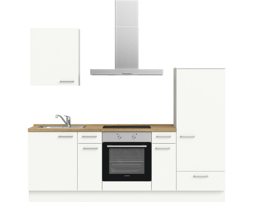 Küchenzeile mit Spüle, Kochfeld, Backofen, Dunstabzugshaube und Schränken