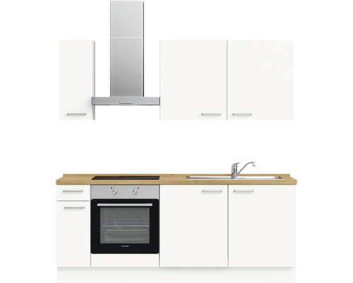 Küchenzeile mit Spüle, Herd, Backofen, Dunstabzugshaube und Schränken