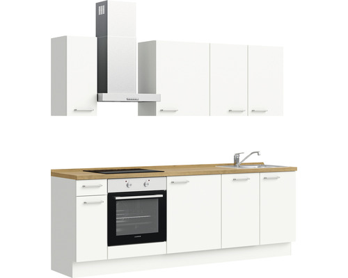 Komplette Küche mit Elektrogeräten, Spüle und weißen Schränken