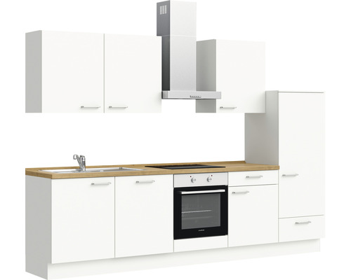 Komplette Küchenzeile mit Spüle, Kochfeld, Backofen, Dunstabzugshaube und Schränken