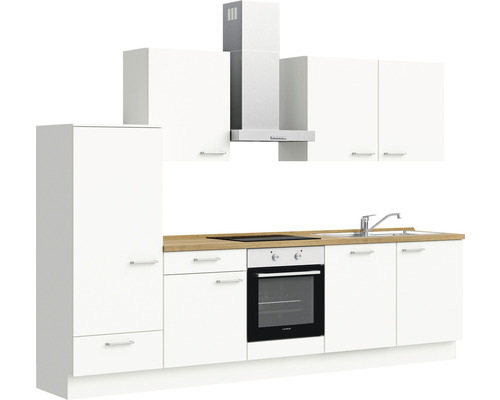 Moderne Küche mit weißen Schränken, Dunstabzugshaube und Spüle