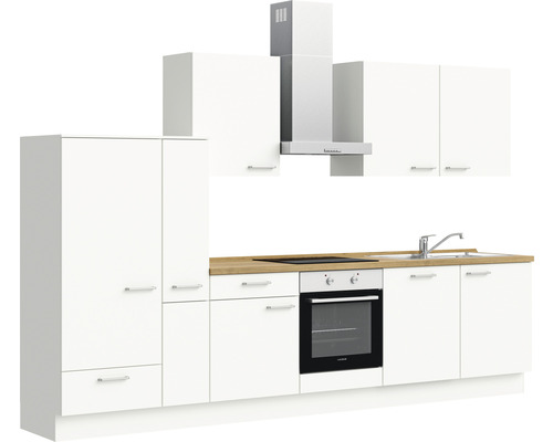 Küchenzeile mit Hängeschränken, Dunstabzugshaube, Spüle und Elektrogeräten