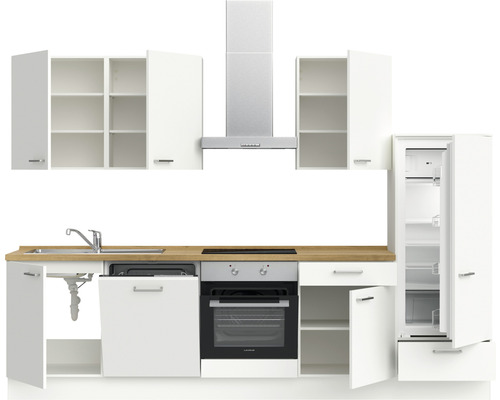Komplette Küchenzeile mit Spüle, Geschirrspüler, Kochfeld, Backofen, Dunstabzugshaube, Kühl-Gefrierkombination und Schränken