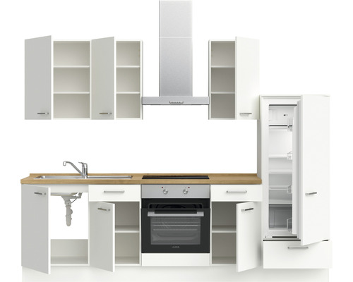Komplette Küchenzeile mit Spüle, Herd, Backofen, Kühlschrank, Dunstabzugshaube und Hängeschränken