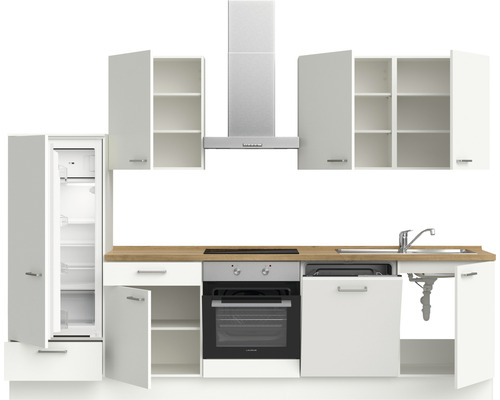 Komplette Küche mit Spüle, Herd, Backofen, Dunstabzugshaube, Kühlschrank und Hängeschränken