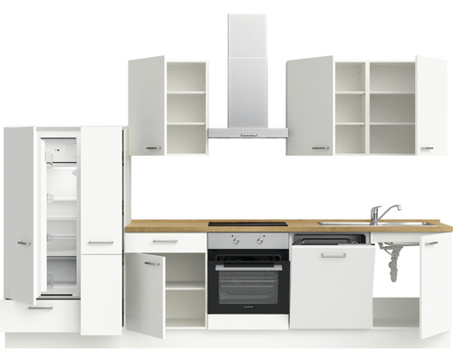 Komplette Küchenzeile mit Elektrogeräten, Spüle, Kochfeld, Backofen, Kühlschrank und Dunstabzugshaube