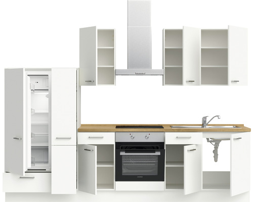 Komplette Einbauküche mit Elektrogeräten, Spüle, Hängeschränken und Arbeitsplatte