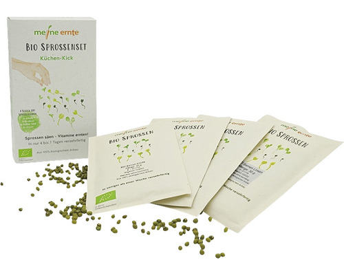 Bio Sprossenset Küchen-Kick mit einzelnen Saatgutpackungen und losen Samen