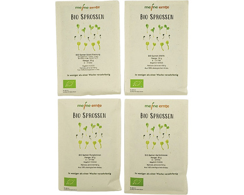 Vier Packungen Meine Ernte Bio Sprossen Saatgut, verschiedene Sorten.
