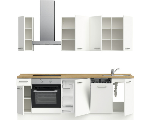 Küchenzeile mit Hängeschränken, Dunstabzugshaube, Spüle, Herd, Backofen, Kühlschrank und Geschirrspüler