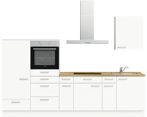 Küchenzeile mit Unterschränken, Spüle, Backofen und Dunstabzugshaube