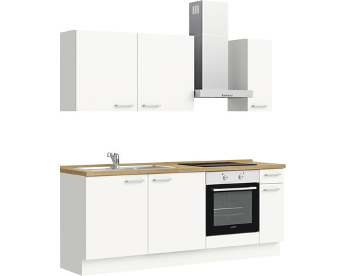 Küchenzeile mit Spüle, Kochfeld, Backofen und Dunstabzugshaube