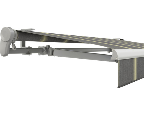SOLUNA Gelenkarmmarkise Trend 4,5x2,5 Stoff Dessin D417 Gestell E6EV1 silber eloxiert Antrieb links inkl. Motor, Wandschalter,Nothandkurbel, Sonnen und Windwächter Markise mit Gelenkarm