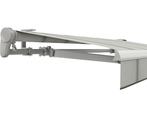 SOLUNA Gelenkarmmarkise Trend 4,5x3 Stoff Dessin D420 Gestell E6EV1 silber eloxiert Antrieb links inkl. Motor, Wandschalter,Nothandkurbel, Sonnen und Windwächter Detailansicht einer Gelenkarmmarkise