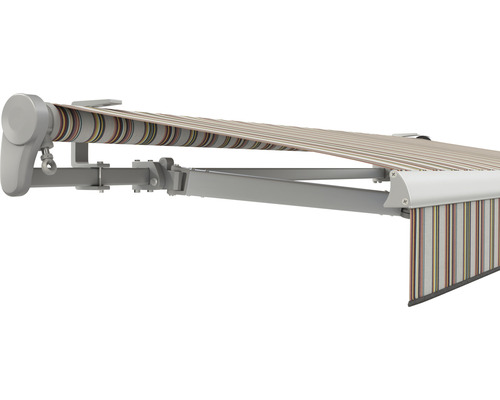 SOLUNA Gelenkarmmarkise Trend 3,5x3 Stoff Dessin D421 Gestell E6EV1 silber eloxiert Antrieb links inkl. Motor, Wandschalter,Nothandkurbel, Sonnen und Windwächter