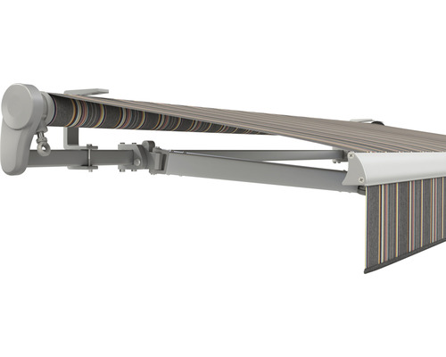 SOLUNA Gelenkarmmarkise Trend 4x2 Stoff Dessin D422 Gestell E6EV1 silber eloxiert Antrieb links inkl. Motor, Wandschalter,Nothandkurbel, Sonnen und Windwächter Gelenkarmmarkise mit gestreiftem Markisentuch und grauem Gestell