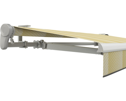 SOLUNA Gelenkarmmarkise Trend 3,5x2,5 Stoff Dessin J201 Gestell E6EV1 silber eloxiert Antrieb links inkl. Motor, Wandschalter,Nothandkurbel, Sonnen und Windwächter