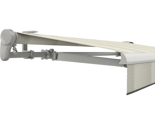 SOLUNA Gelenkarmmarkise Trend 4,5x3 Stoff Dessin J202 Gestell E6EV1 silber eloxiert Antrieb links inkl. Motor, Wandschalter,Nothandkurbel, Sonnen und Windwächter Detailansicht einer Markise mit Gelenkarmen und Stoff
