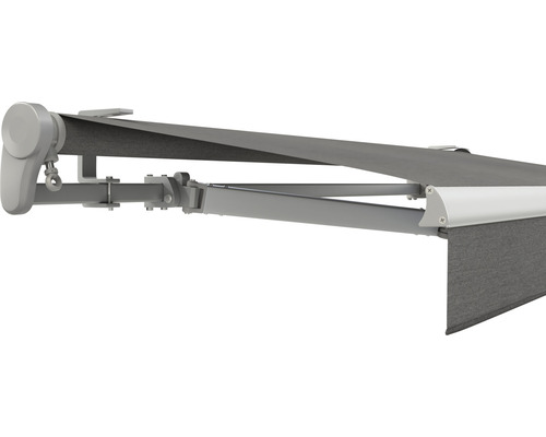 SOLUNA Gelenkarmmarkise Trend 2,5x2 Stoff Dessin U104 Gestell E6EV1 silber eloxiert Antrieb links inkl. Motor, Wandschalter,Nothandkurbel, Sonnen und Windwächter Ausgefahrene Gelenkarmmarkise mit grauer Bespannung