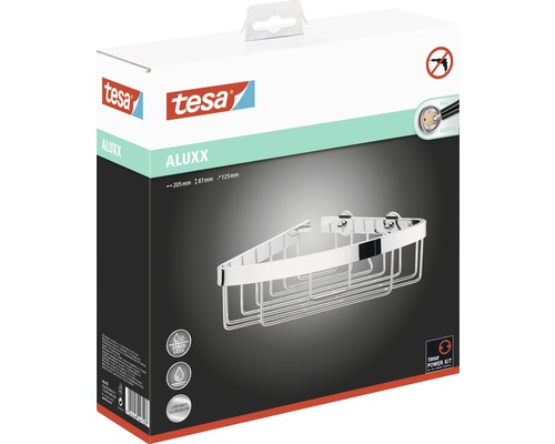 Verpackung einer Tesa Aluxx Eckduschenablage aus verchromtem Aluminium mit den Maßen 205 x 87 x 125 Millimeter