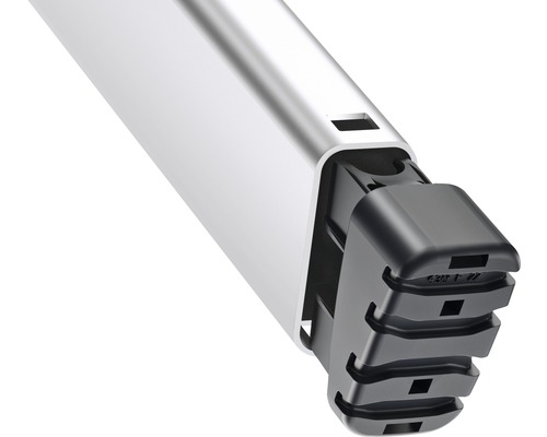 Detailansicht einer Schubladenblende aus Aluminium mit schwarzer Endkappe.