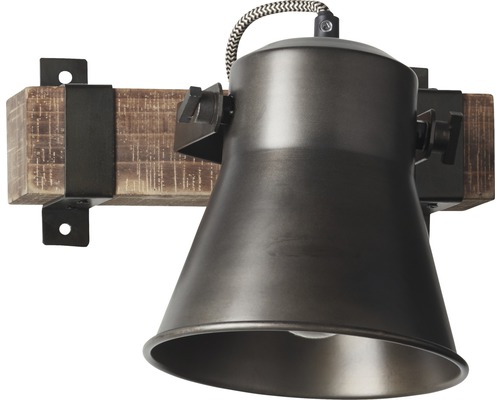 Wandleuchte mit Holzblock und verstellbarem Metallschirm