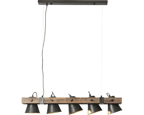 Hängelampe mit fünf Strahlern und Holzbalken