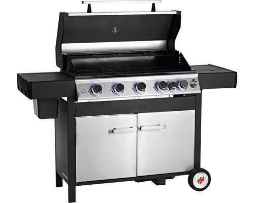 Gasgrill mit offenem Deckel, Bedienelementen und Unterschrank