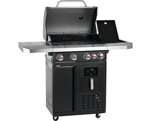 Gasgrill mit vier Brennern, Seitentischen und Bedienfeld