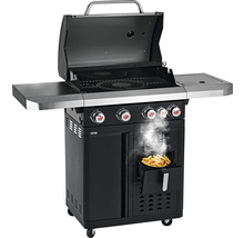 Gasgrill mit Seitenbrenner und offener Grillhaube