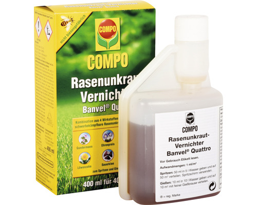 Rasenunkraut-Vernichter COMPO Banvel® Quattro 400 ml 400 m² Compo Rasenunkrautvernichter Banvel Quattro Packung und Flasche