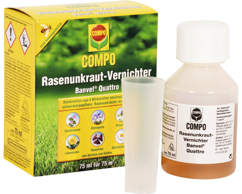 Rasenunkraut-Vernichter COMPO Banvel® Quattro 75 ml 75 m² Compo Rasenunkraut-Vernichter Banvel Quattro mit Dosierbecher und Warnhinweis nicht bienengefährlich