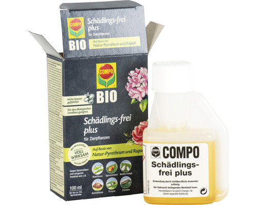 Compo Schädlingsfrei Plus für Zierpflanzen in geöffneter Verpackung und Flasche