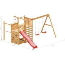 Holzspielplatz mit Rutsche, Kletterwand, Schaukel und Sandkasten