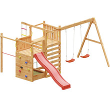 Holzspielplatz mit Rutsche, Schaukeln, Kletterwand und Sandkasten
