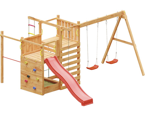 Spielturm Marimex Play 021 Holz Metall natur inkl. Grundturm, Leitersprossen, Klettertau, 2 Brettschaukeln, Rutsche, Kletterwand, Klettersteine, Plattform, Strickleiter Holzspielplatz mit Rutsche, Schaukeln, Kletterwand und Sandkasten