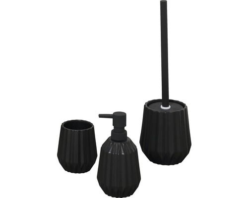 Drei Badezimmeraccessoires, bestehend aus einem Seifenspender, einem Zahnputzbecher und einer Toilettenbürste.