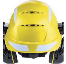 Gelber Schutzhelm mit Gehörschutz von hinten