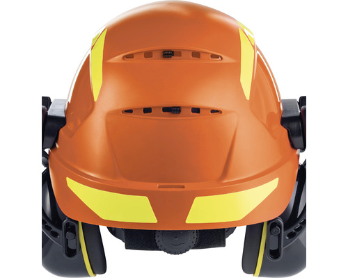 Oranger Schutzhelm mit gelben Reflektoren und Gehörschutz