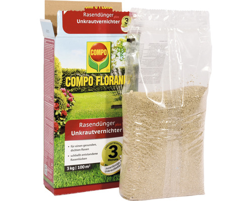 Compo Floranid Rasendünger plus Unkrautvernichter, 3 Kilogramm Packung und Beutel