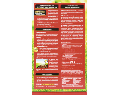 Informationen und Anwendungsanleitung für COMPO Saat Rasen Reparatur Mischung